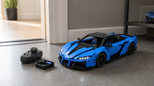 Blue dual-motor RC building block supercar in a real collector room before its first run