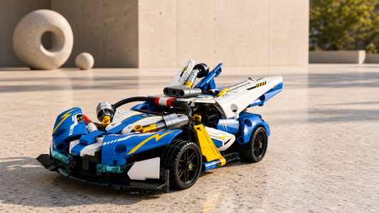 Bugatti-style 2.4G RC building block car in an open-air modern sculpture courtyard