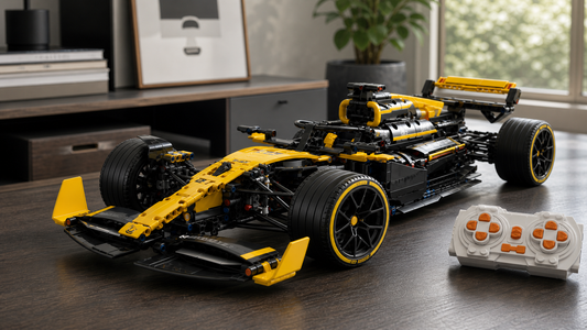 Yellow and black Formula RC building block car from a low front angle showing open wheels and front wing