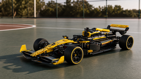 Yellow and black Formula RC building block car tested on a smooth outdoor sport court