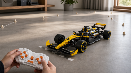 1:8 Formula RC building block car at the start of an indoor route with a white orange-button remote controller