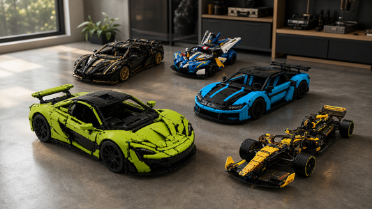 Lokkit Main Picks RC building block cars arranged on a natural hobby room floor before a first drive