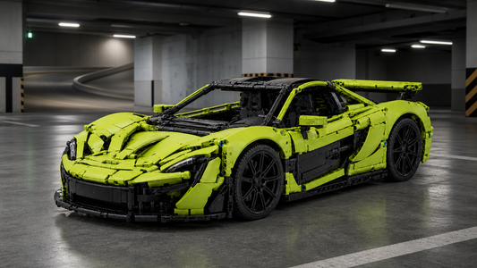Green P1-style RC hypercar building block set in an underground parking scene