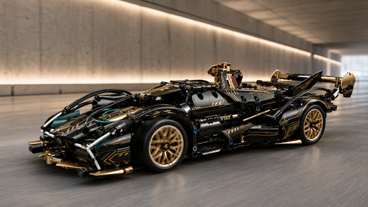 Black and gold V12 RC supercar building block set in a modern pedestrian underpass