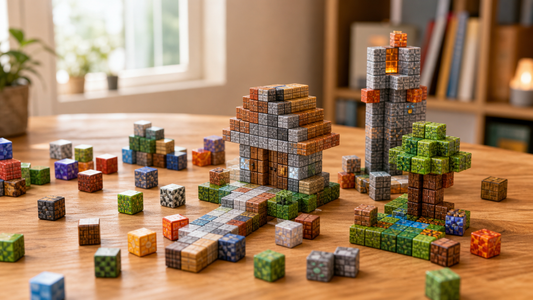 Magnetic blocks game ideas with colorful cube builds on a home table