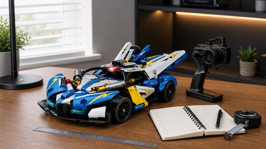 Adult collector checking a 2.4G RC building block car before buying