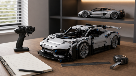 Adult collector choosing an RC building block car for display and driving