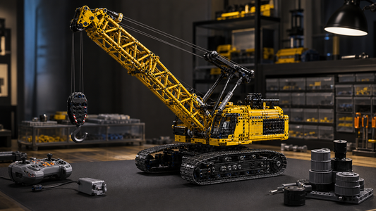 Large RC crawler crane building block model in an adult hobby workshop