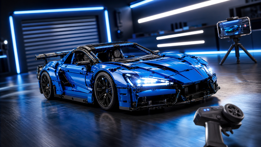 Viral-style blue RC building block supercar with LED lights in a neon mini garage