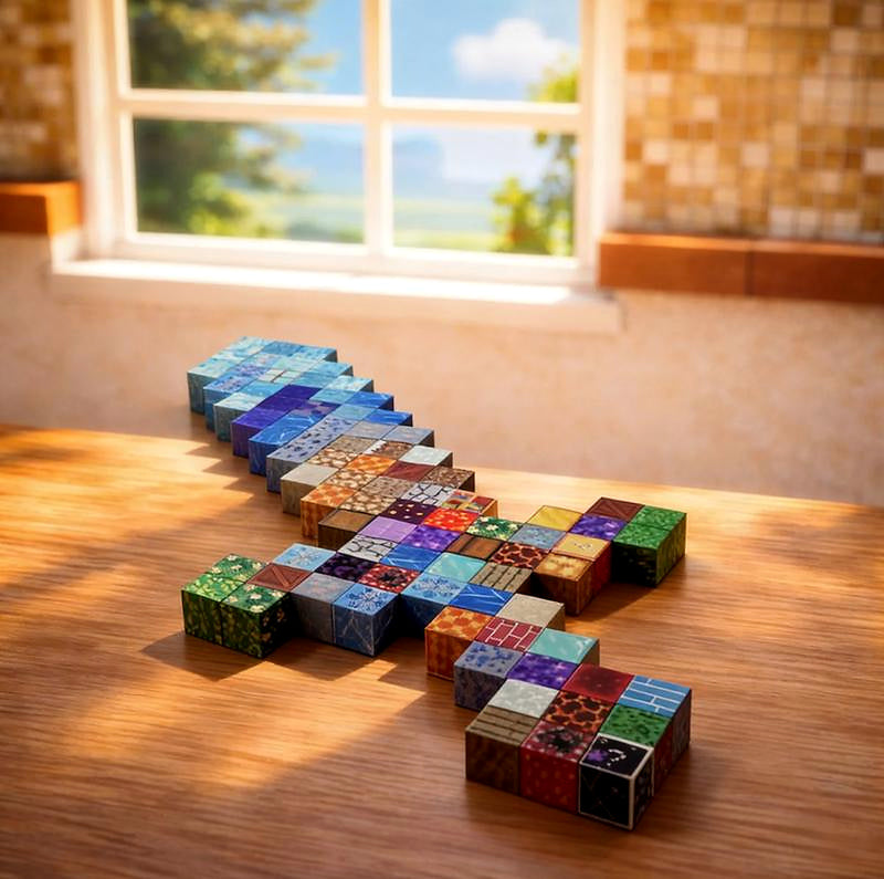 Colorful magnetic cubes arranged on a wooden tabletop