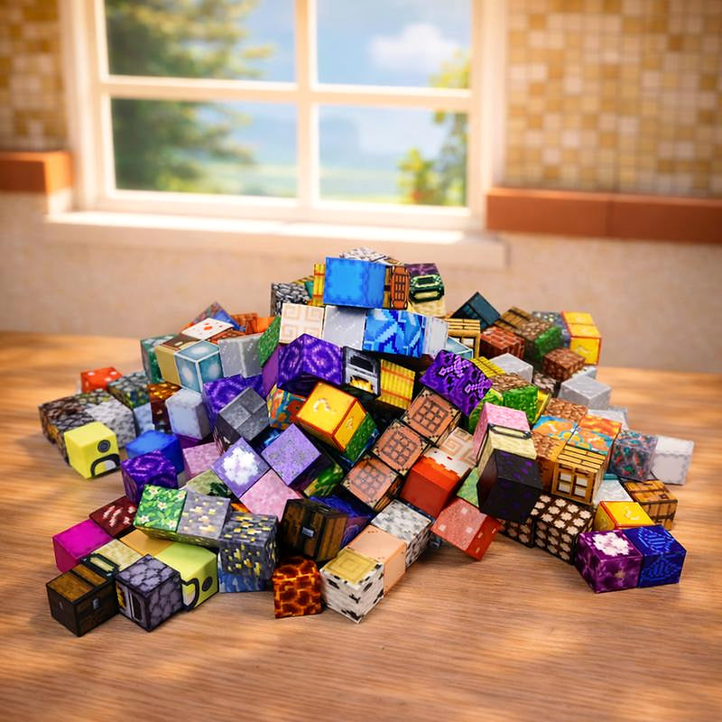 Colorful printed magnetic cubes pile on tabletop